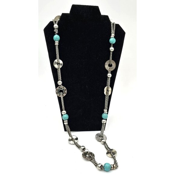 Unbranded Jewelry - Southwestern Multi-Chain Station Necklace 40" Textured Discs Faux Turquoise Bead